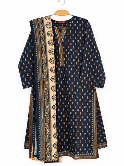 Navy mustard mini motif khaddar suit front view
