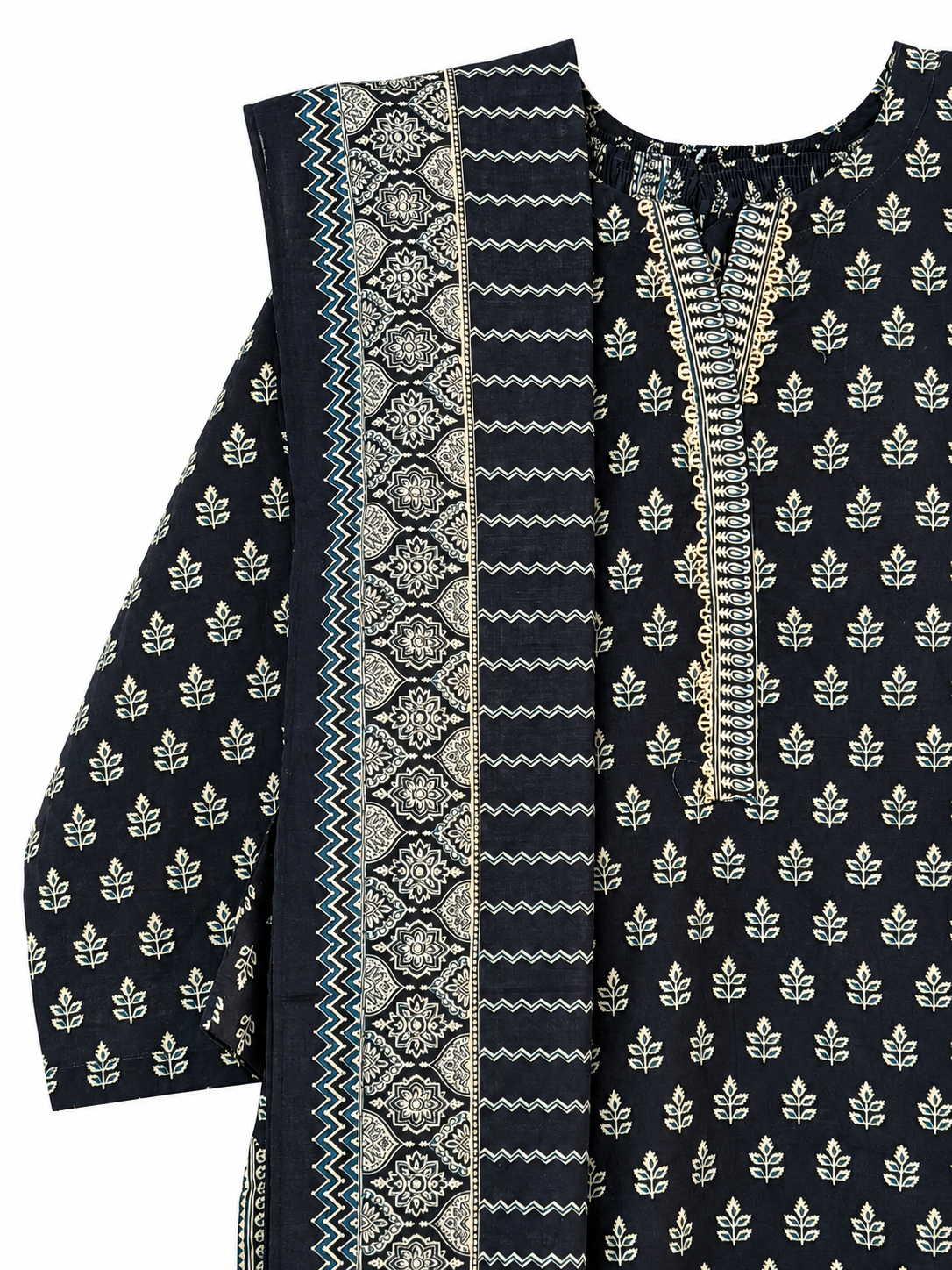 Black and ivory botanical print suit neckline and shawl detail