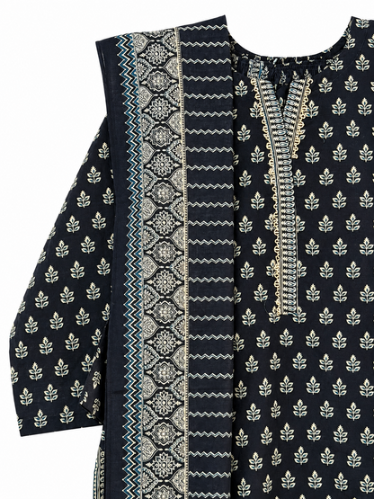 Black and ivory botanical print suit neckline and shawl detail