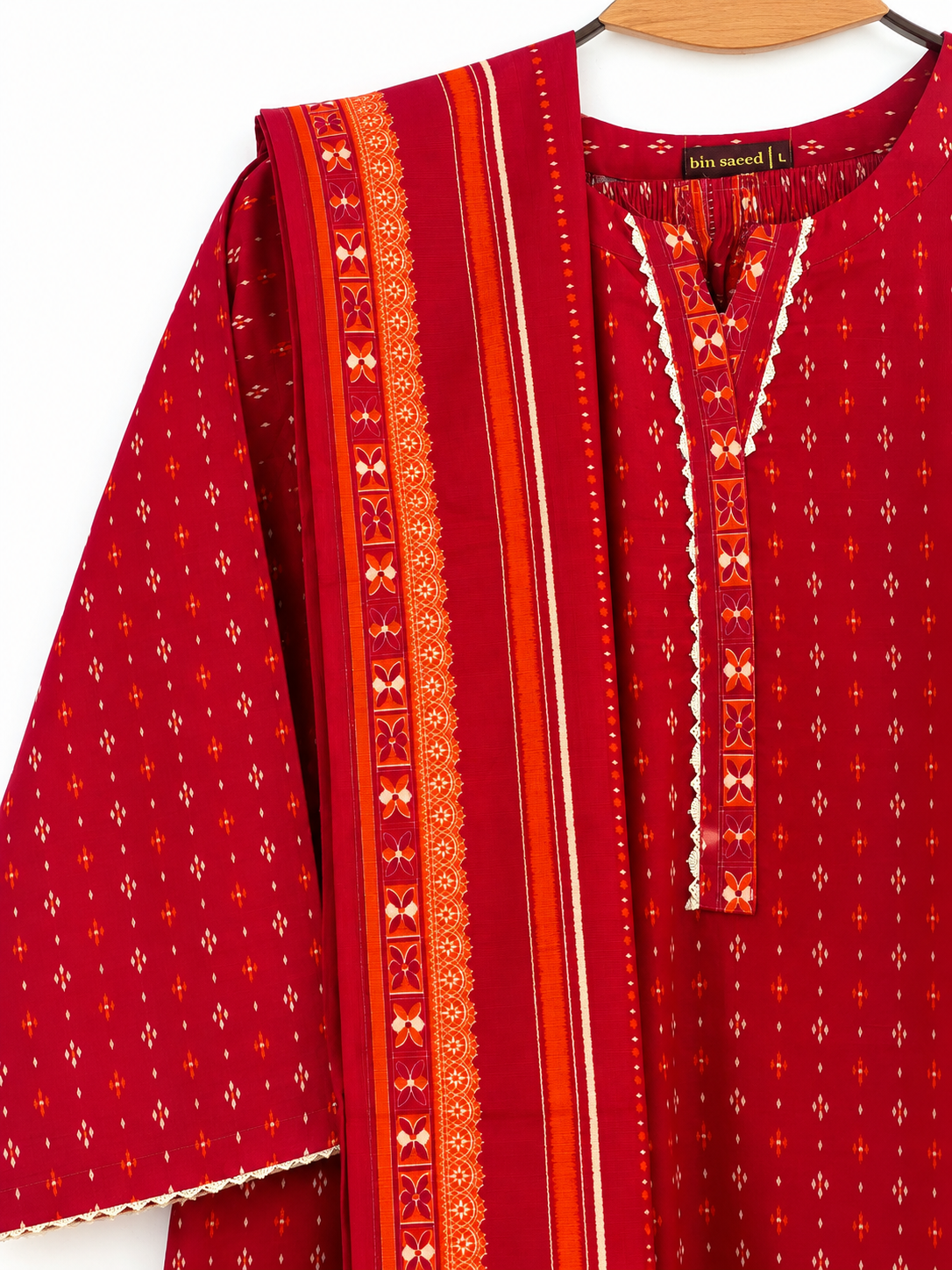 Red Bin Saeed suit neckline and red-orange printed dupatta border detail