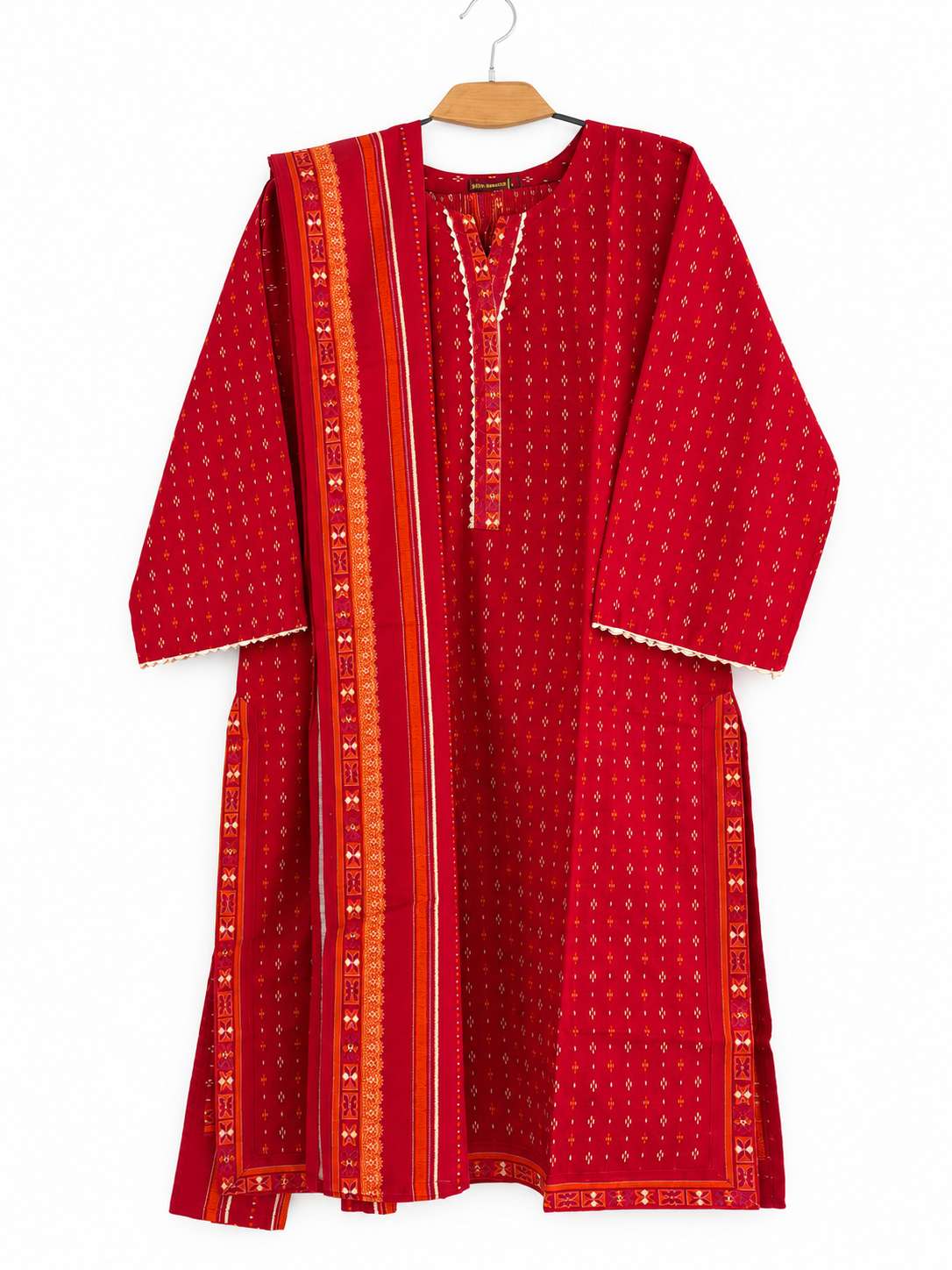 Red Bin Saeed Khaadar suit with tiny all-over motifs and matching printed dupatta, full front view
