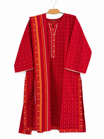 Red Bin Saeed Khaadar suit with tiny all-over motifs and matching printed dupatta, full front view