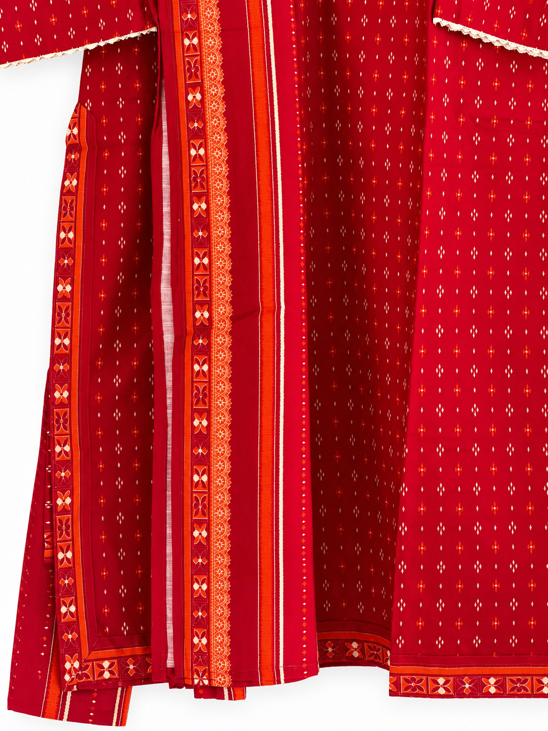 Red printed suit all-over motif, side border and hem detail