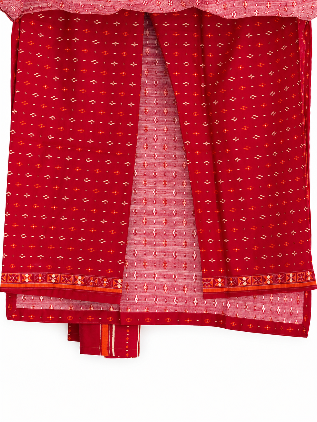 Reverse fabric and border detail of red Bin Saeed printed suit