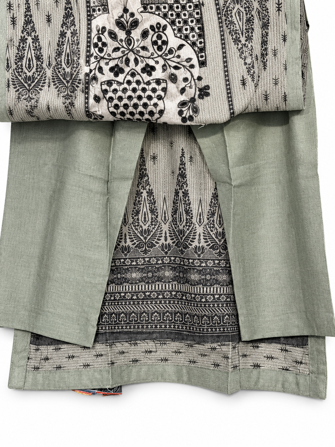 Bin Saeed sage green trouser fabric and suit detail