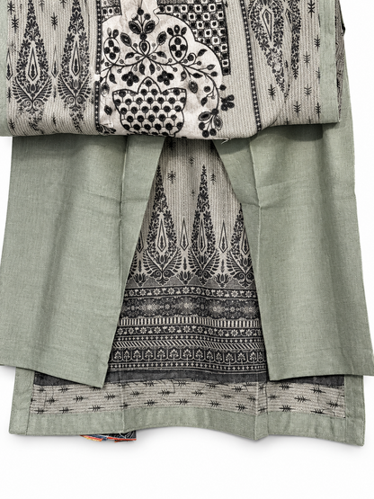Bin Saeed sage green trouser fabric and suit detail