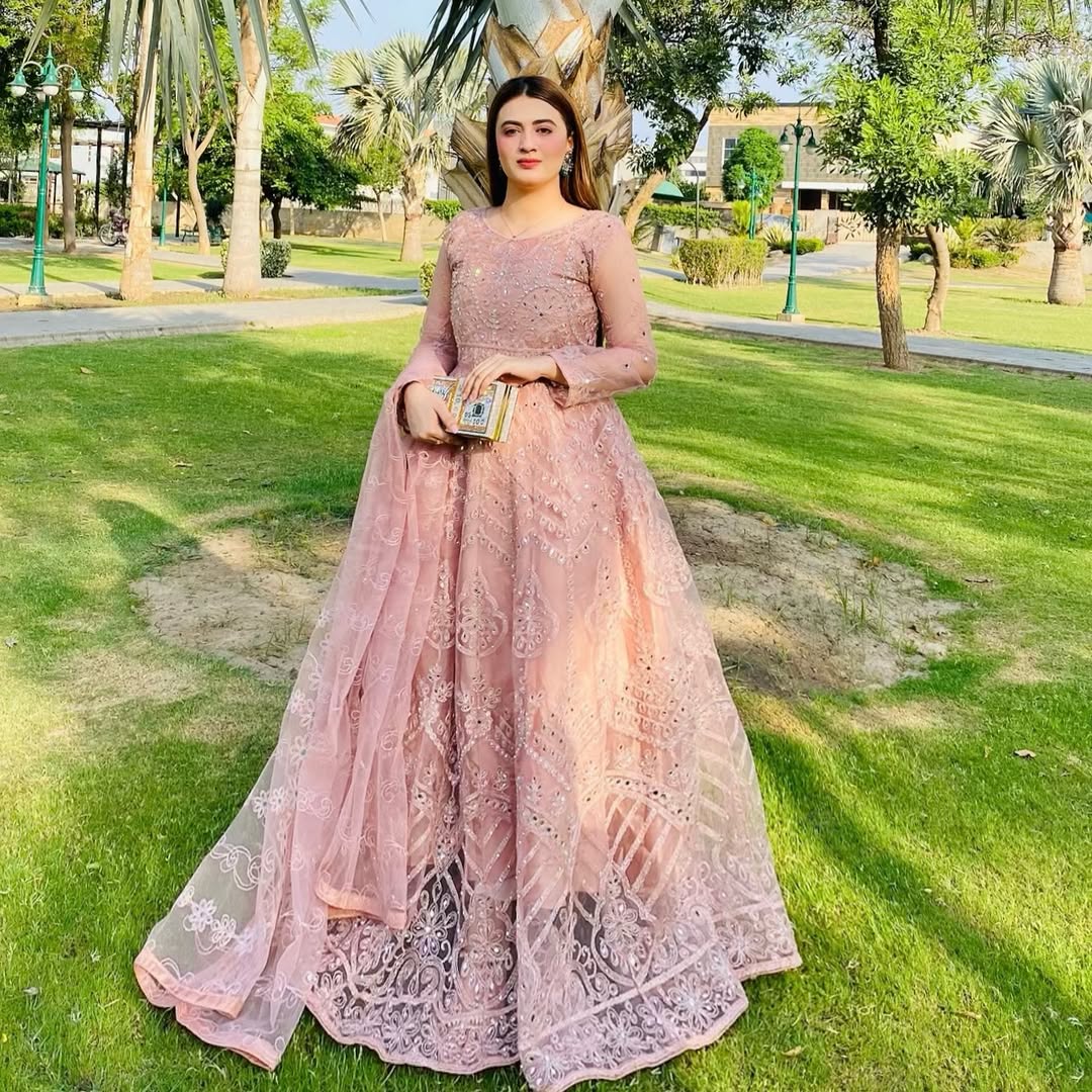 Pink embroidered formal maxi dress for women – full-length Pakistani party wear gown