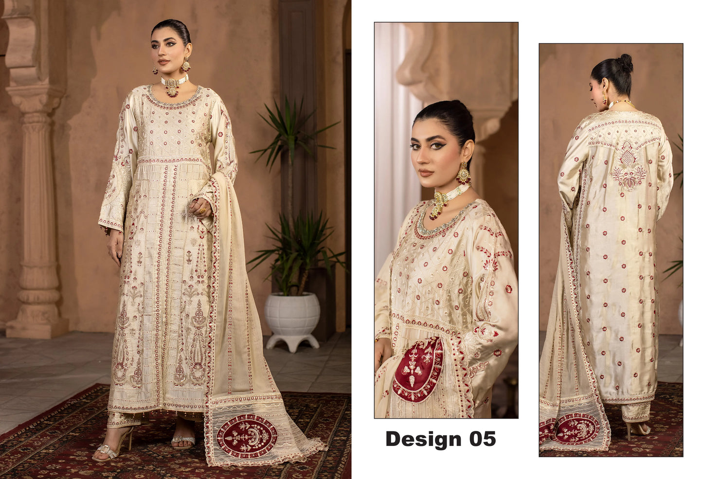 Cream Embroidered 3-Piece Suit – Premium Silk | Yahyas