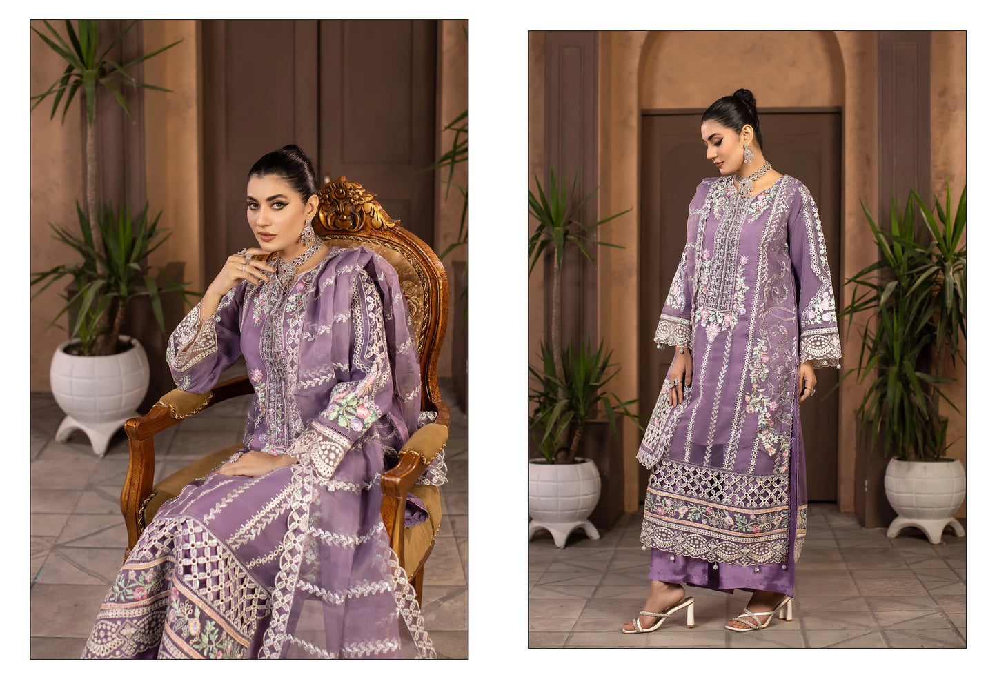 Lavender Luxury Embroidered 3-Piece Women's Suit – Festive & Formal Wear | Yahyas