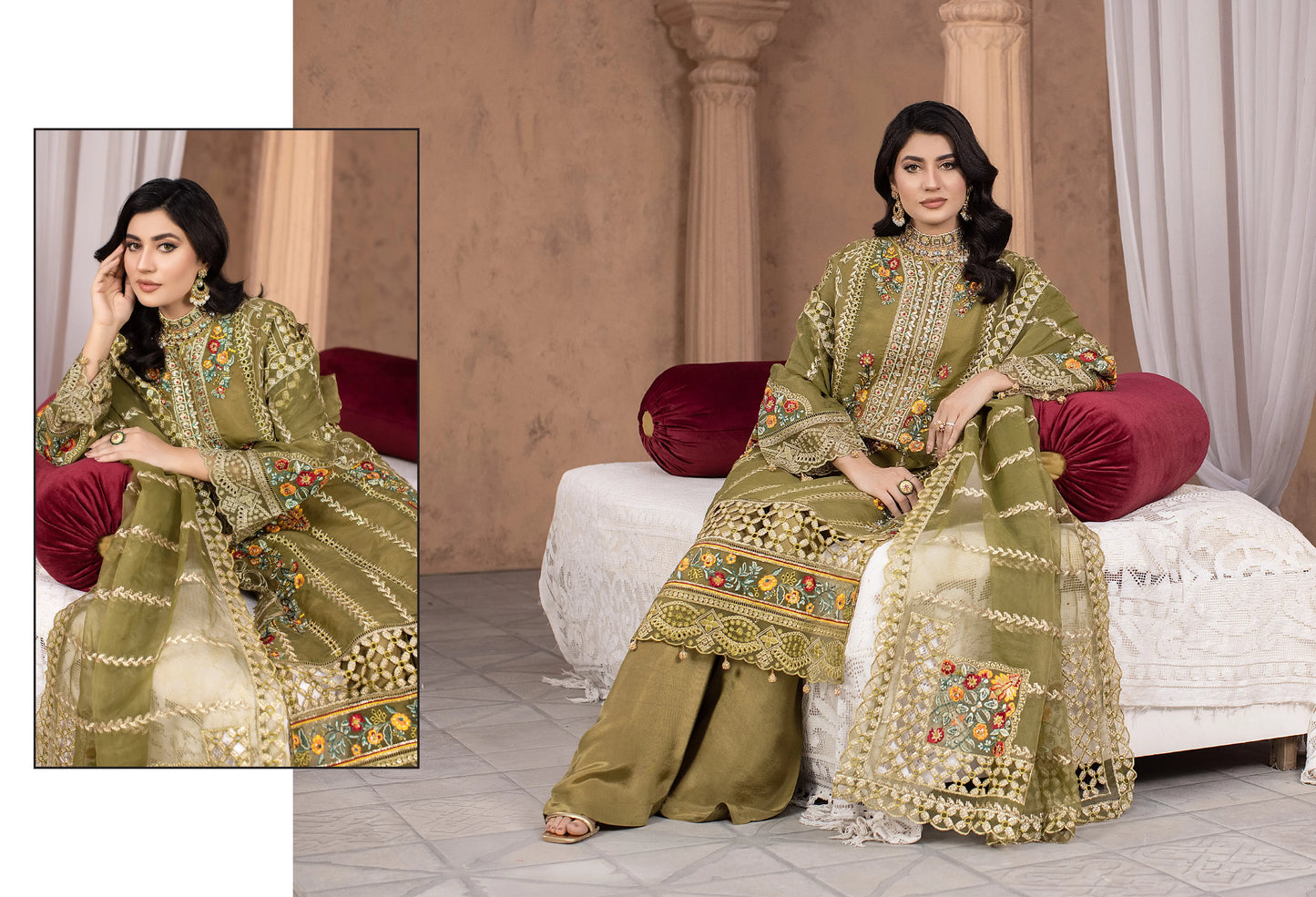 Olive Green Luxury Embroidered 3-Piece Women's Suit – Premium Festive & Formal Wear | Yahyas