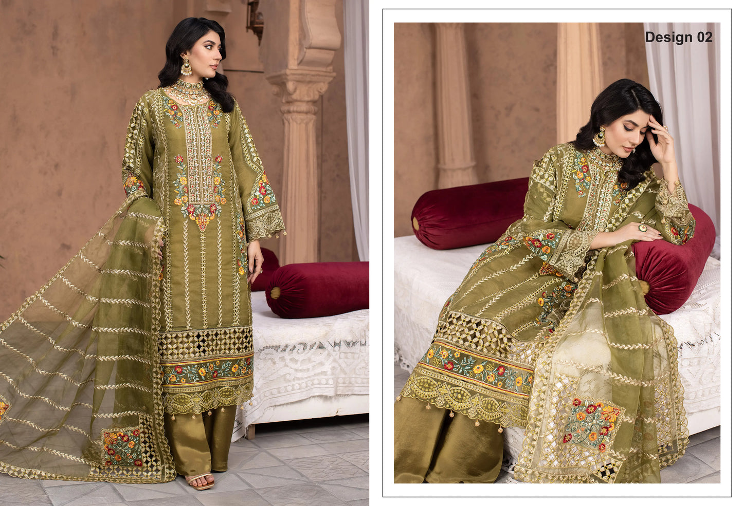Olive Green Luxury Embroidered 3-Piece Women's Suit – Premium Festive & Formal Wear | Yahyas