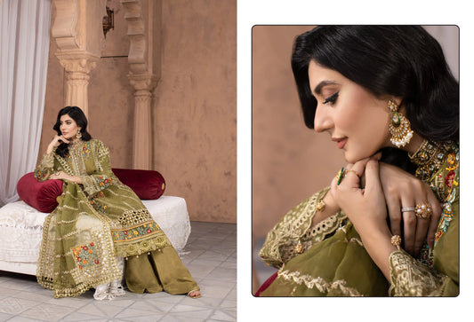 Olive Green Luxury Embroidered 3-Piece Women's Suit – Premium Festive & Formal Wear | Yahyas