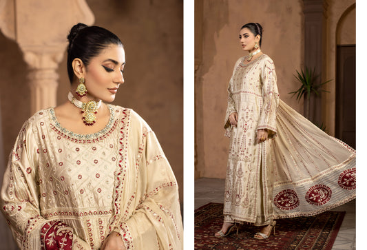 Cream Embroidered 3-Piece Suit – Premium Silk | Yahyas