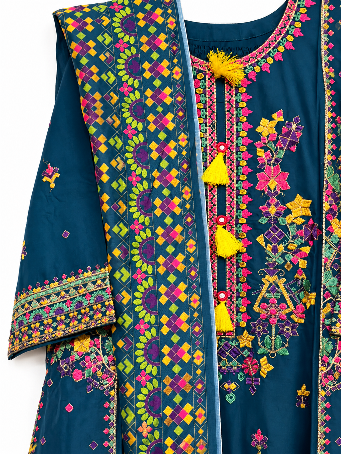 Embroidered Moti Cotton Kurta Set with Printed Dupatta