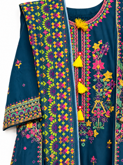 Embroidered Moti Cotton Kurta Set with Printed Dupatta