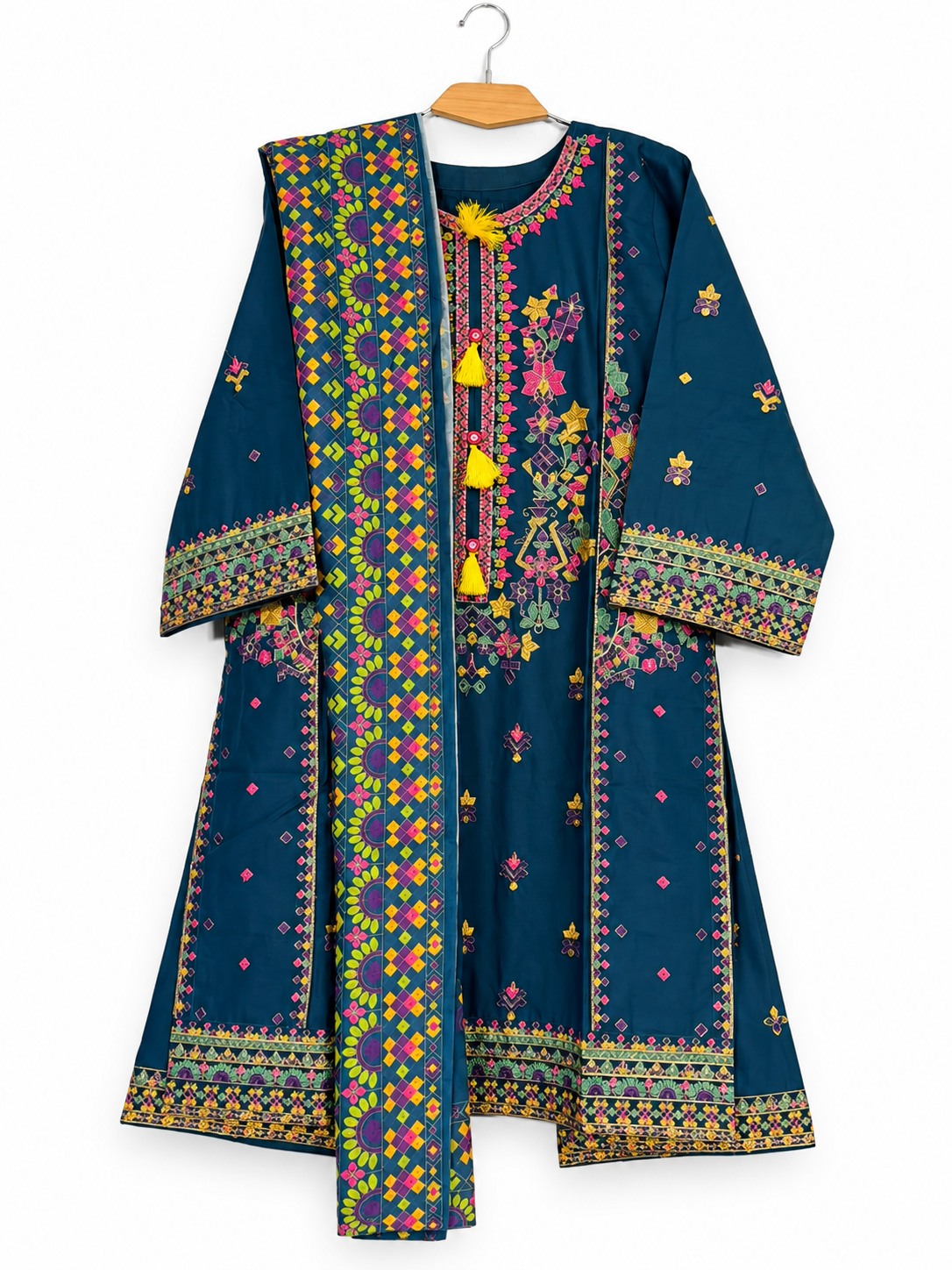 Embroidered Moti Cotton Kurta Set with Printed Dupatta