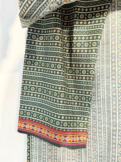 Printed 3-Piece Suit – Dark Green Ajrak | Yahyas