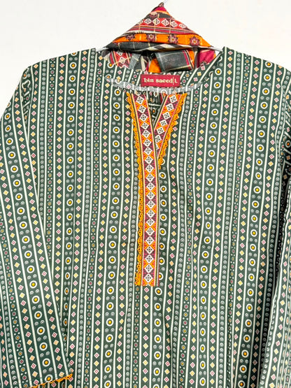 Printed 3-Piece Suit – Dark Green Ajrak | Yahyas