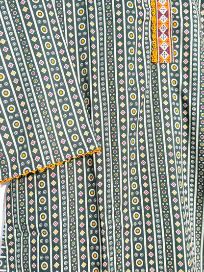Printed 3-Piece Suit – Dark Green Ajrak | Yahyas