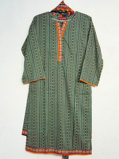 Printed 3-Piece Suit – Dark Green Ajrak | Yahyas