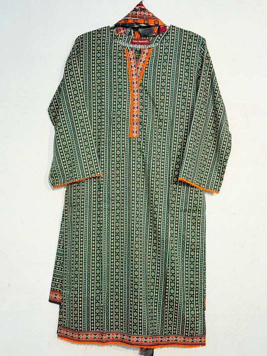 Printed 3-Piece Suit – Dark Green Ajrak | Yahyas