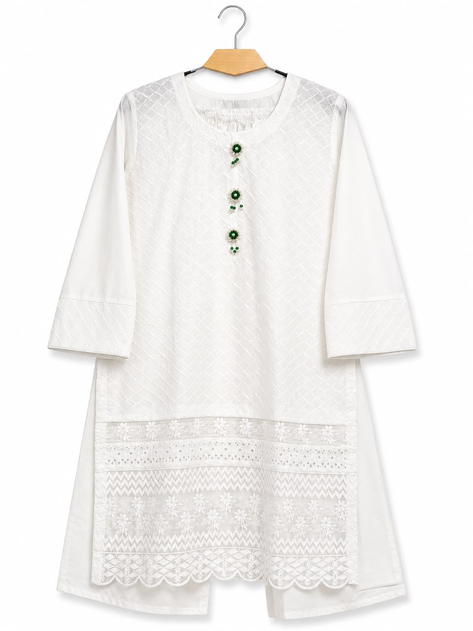 White Chikankari 2-Piece Suit | Flowwer Green Tassles.