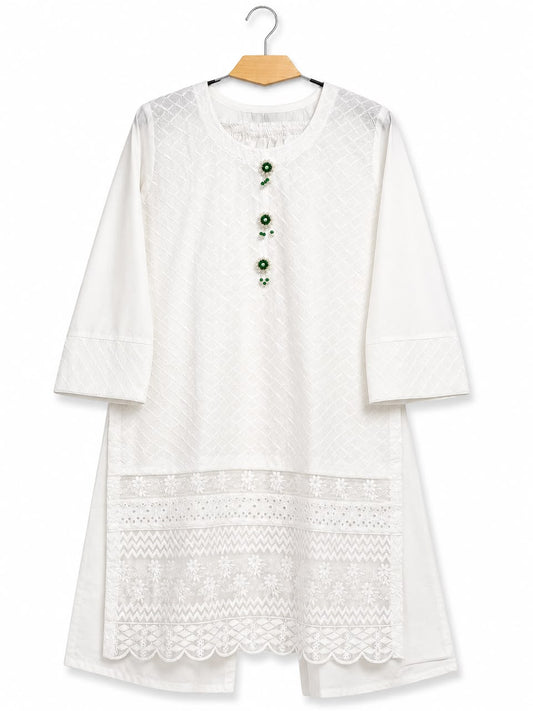 White Chikankari 2-Piece Suit | Green Tassels | 14 August Collection