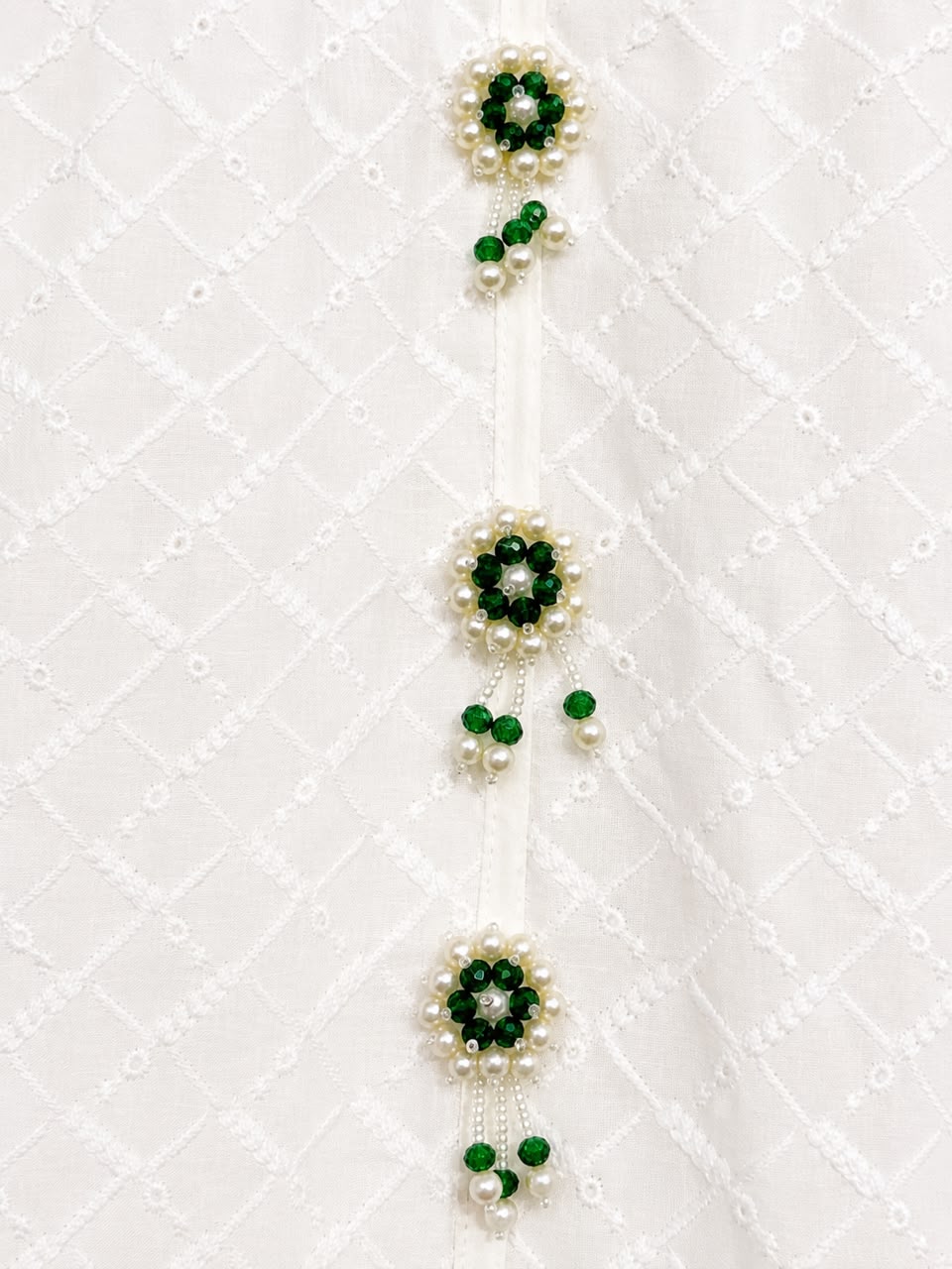 White Chikankari 2-Piece Suit | Flowwer Green Tassles.