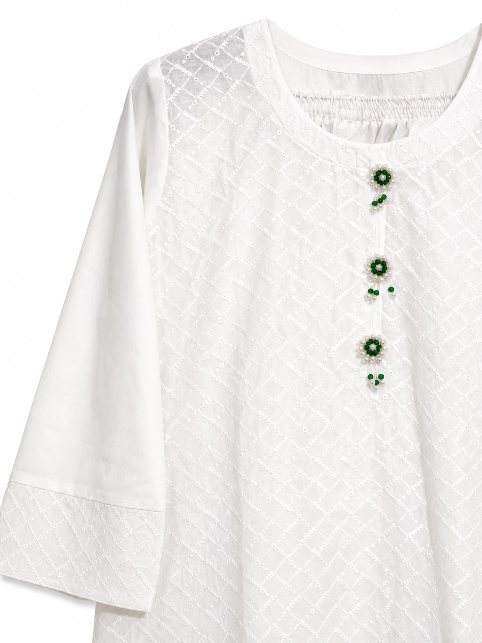 White Chikankari 2-Piece Suit | Flowwer Green Tassles.