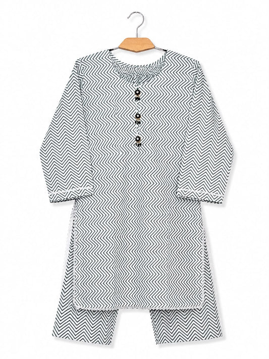 Yahyas Green & White Chevron 2-Piece Lawn Suit