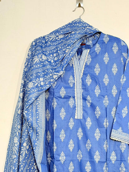 Printed 3-Piece Suit – Steel Blue Booti | Yahyas