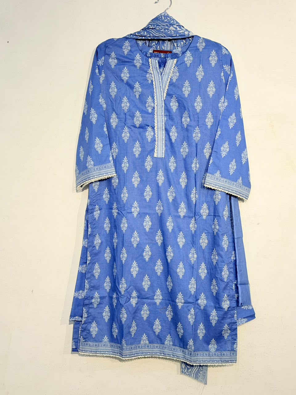 Steel blue booti printed 3-piece suit full view with embroidered neckline and matching dupatta – Yahyas