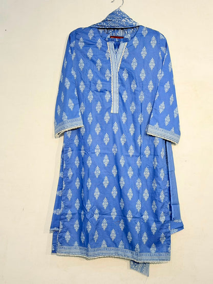 Steel blue booti printed 3-piece suit full view with embroidered neckline and matching dupatta – Yahyas
