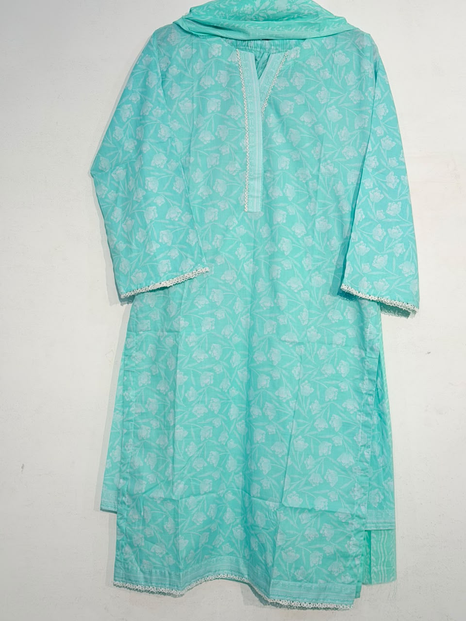 Mint green lawn suit front view with dupatta