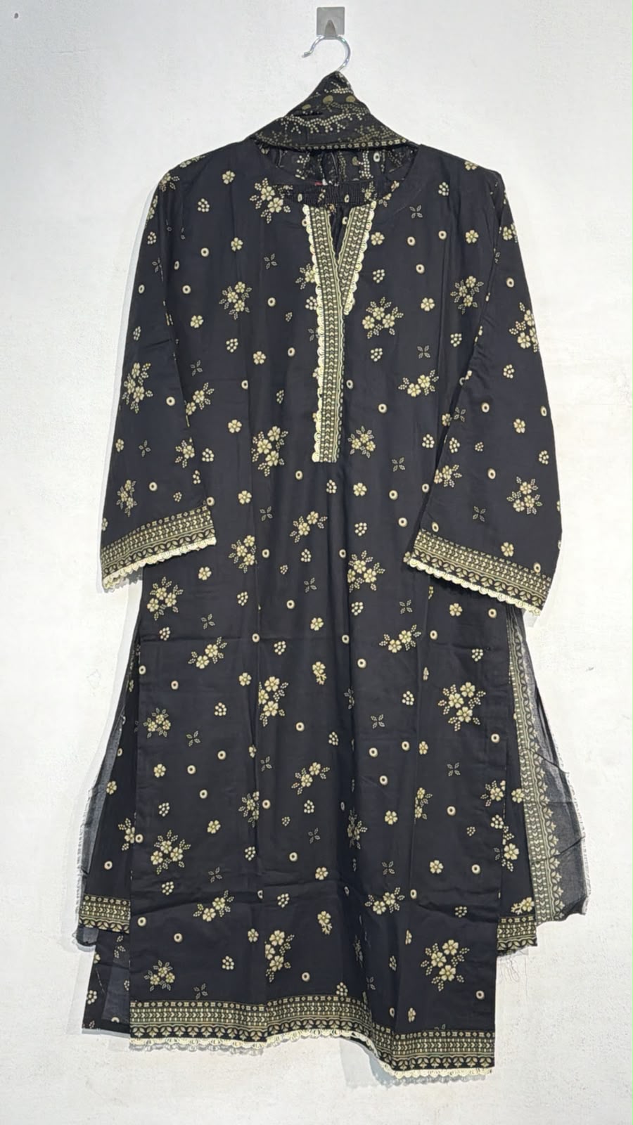 Black floral lawn suit full length view with dupatta