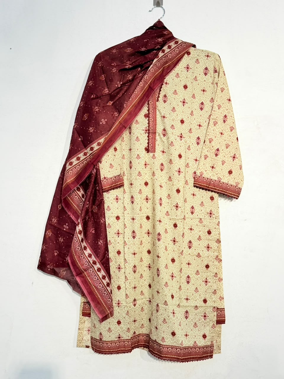 3-piece lawn suit with maroon dupatta