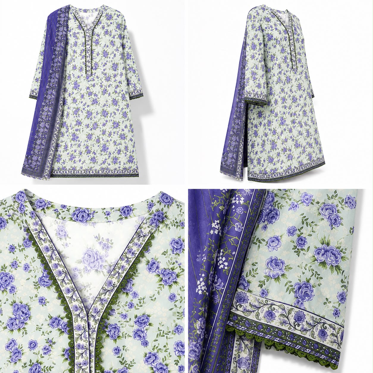 Yahyas Ice Blue & Purple Rose Lawn 3-Piece Suit | Summer Collection