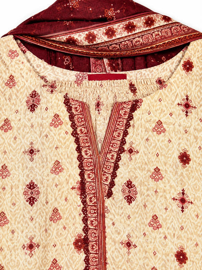 Yahyas Cream & Maroon Lawn 3-Piece Suit | Summer Collection