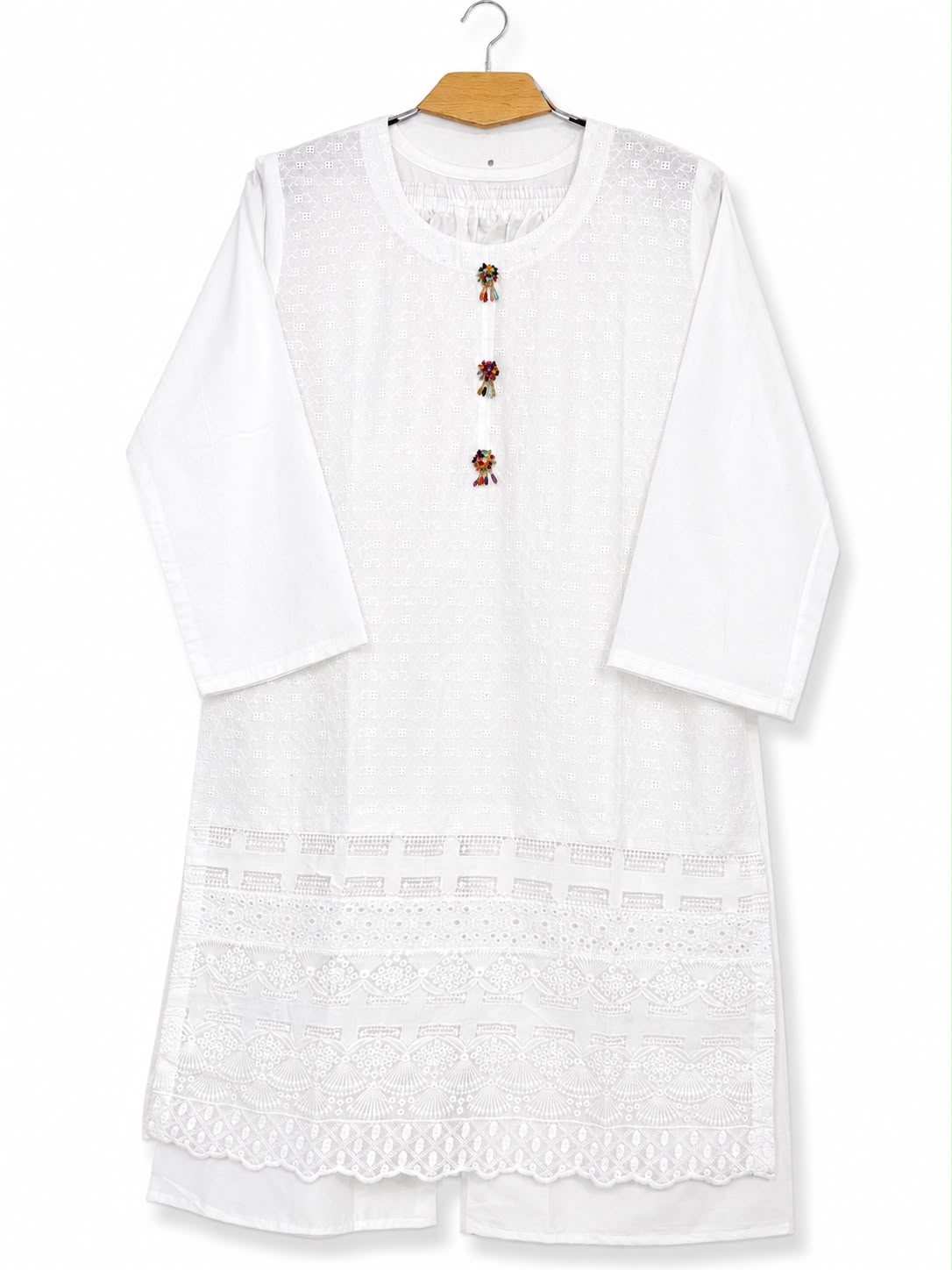 White Broderie Anglaise 2-Piece Stitched Suit - Full View