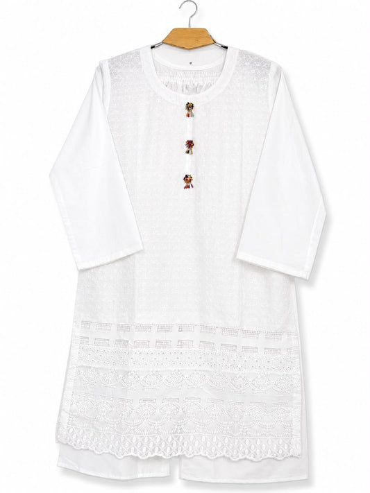 White Broderie Anglaise 2-Piece Stitched Suit - Full View