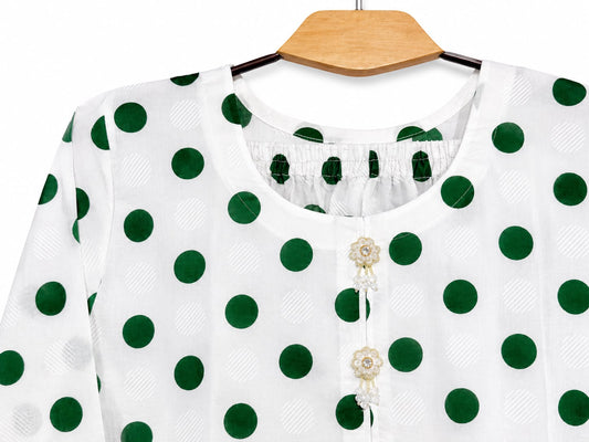 Yahyas Green Polka Dot 2-Piece Suit | Pearl Button Detail