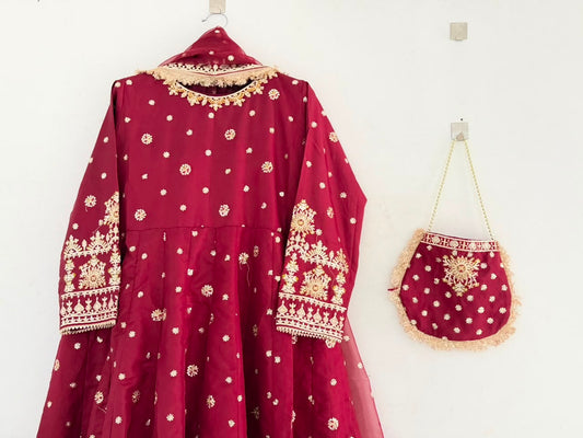 Luxury Embroidered Silk Maxi Dress-Flapper Trouser With Matching Hand Bag.