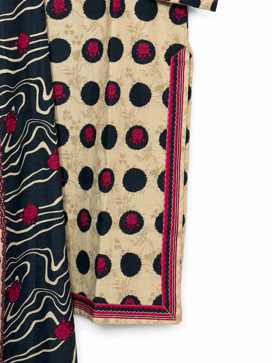 Bin Saeed Khaadar beige black rose suit lower border and shawl detail on white background