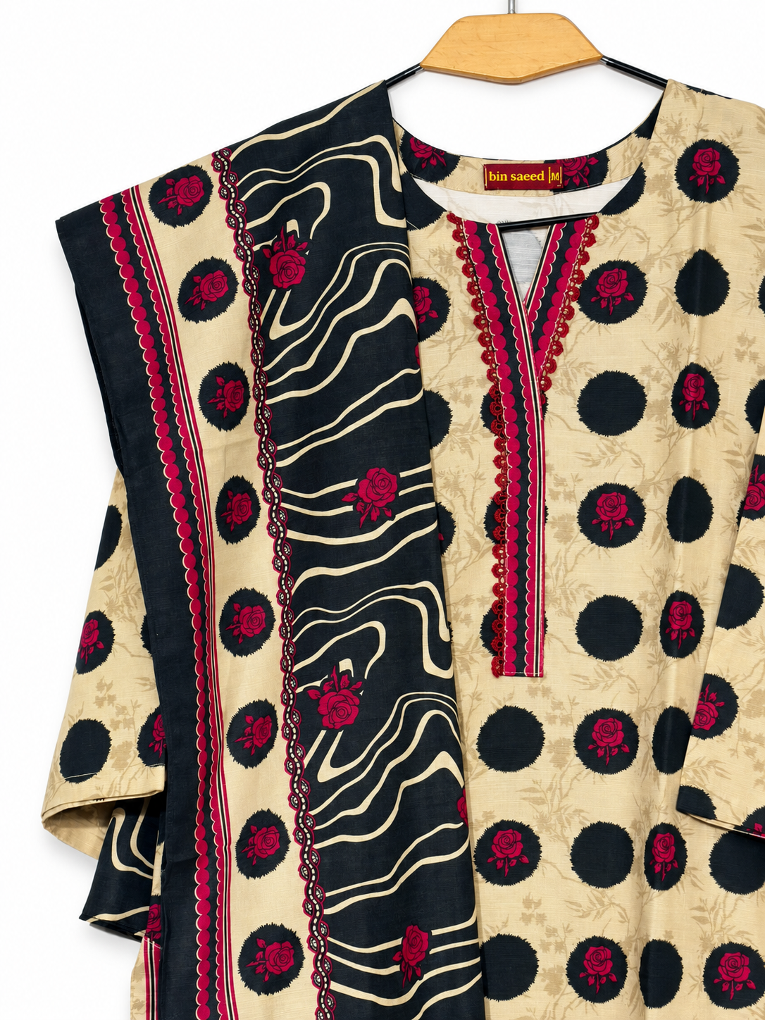 Bin Saeed Khaadar beige black rose suit shawl and neckline detail on white background