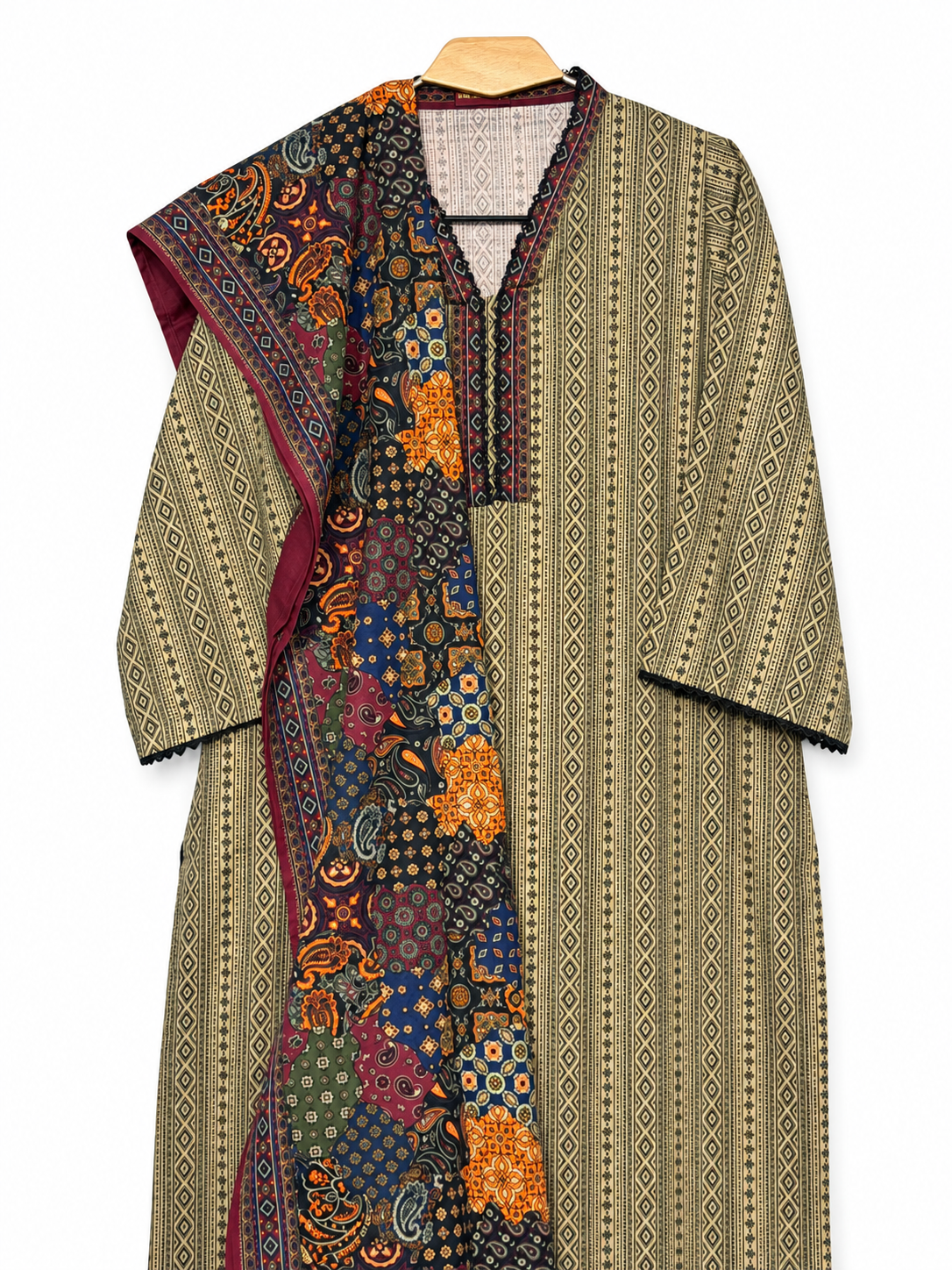 Bin Saeed Khaadar beige geometric suit close view with multicolour shawl on white background