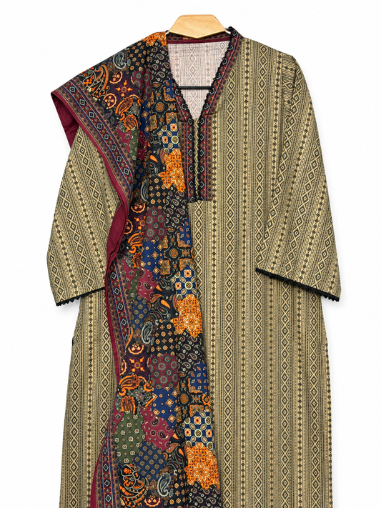 Bin Saeed Khaadar beige geometric suit close view with multicolour shawl on white background
