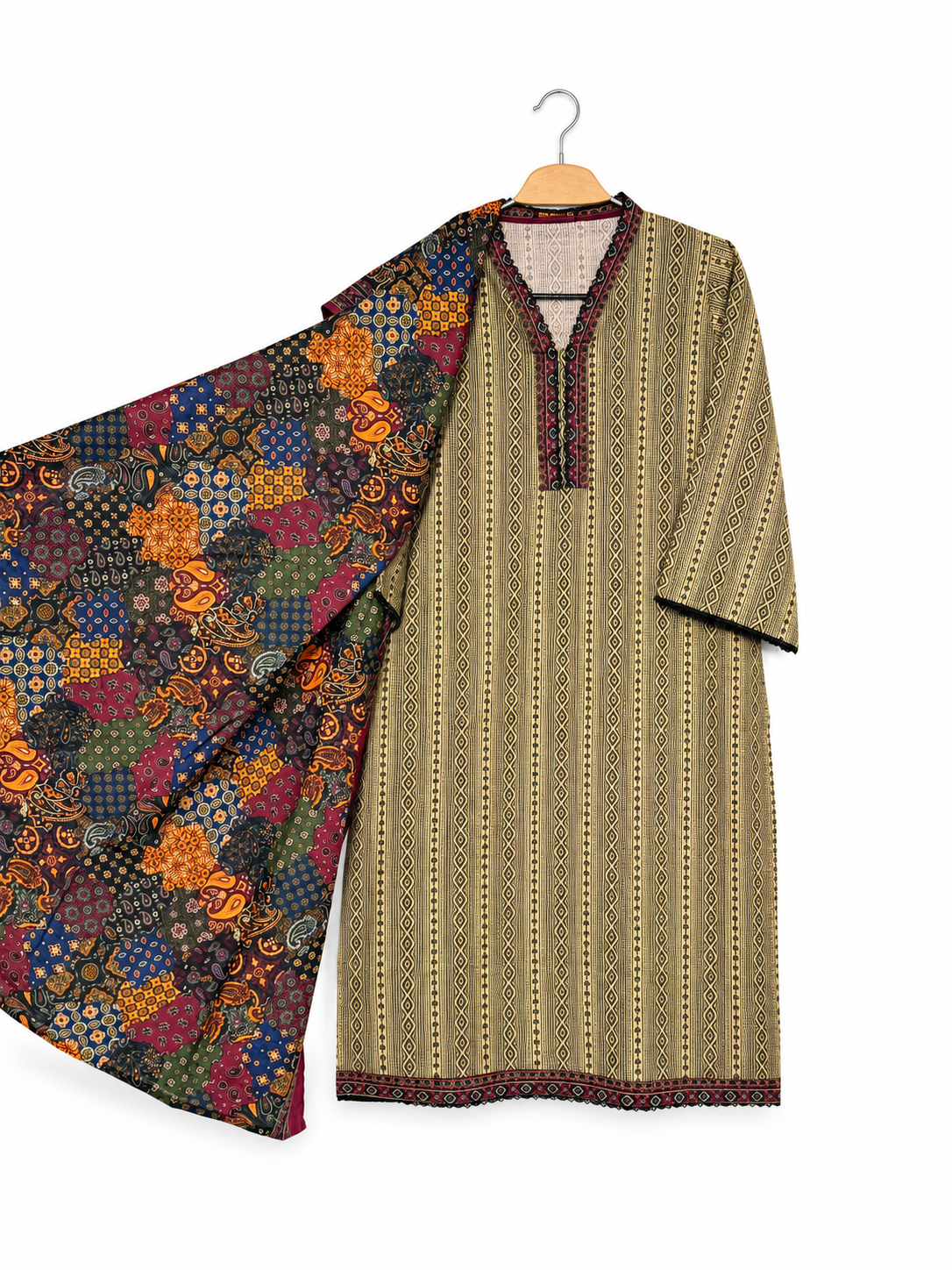 Bin Saeed Khaadar beige geometric 3 piece suit full view with multicolour shawl on white background