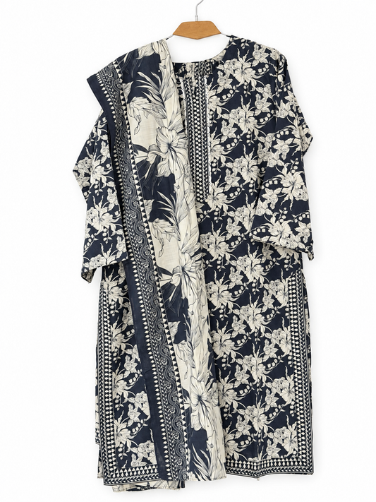 Bin Saeed Khaadar black ivory floral 3 piece stitched suit clean front view