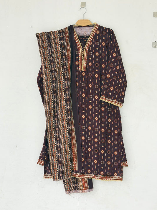 Bin Saeed Khaadar black rust geometric 3 piece stitched suit front view