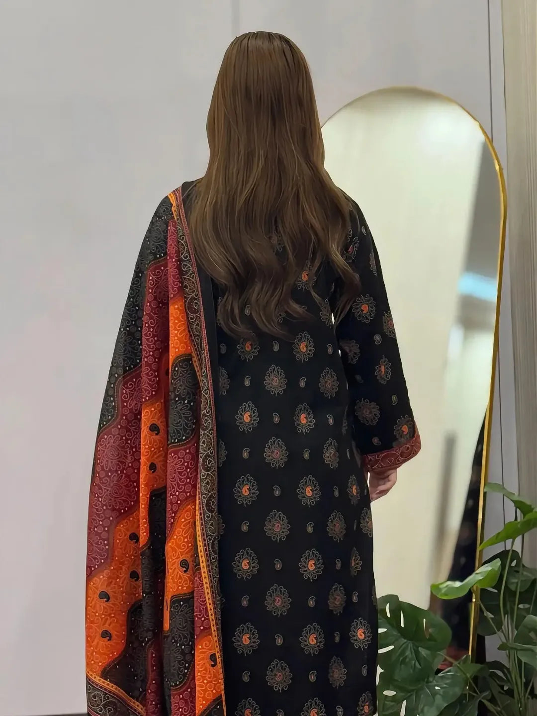Bin Saeed Khaadar black rust paisley stitched suit back view